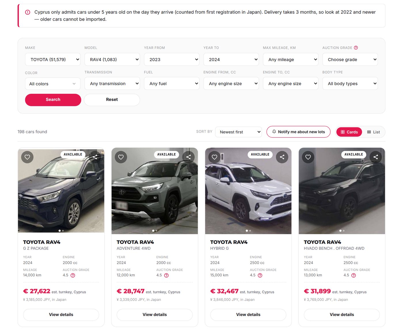 Catalogue filters and the first results for Toyota RAV4